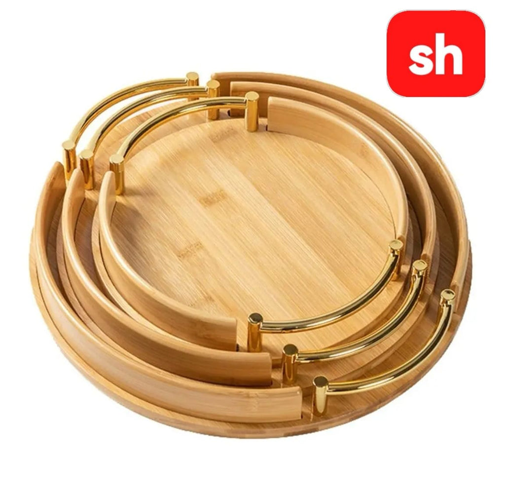 Round stackable bamboo serving tray with steel handles