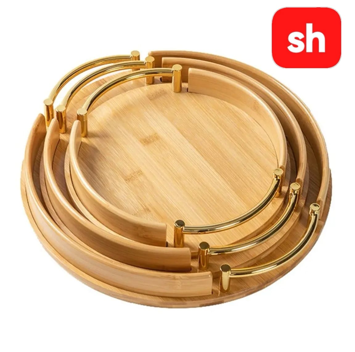 Round stackable bamboo serving tray with steel handles