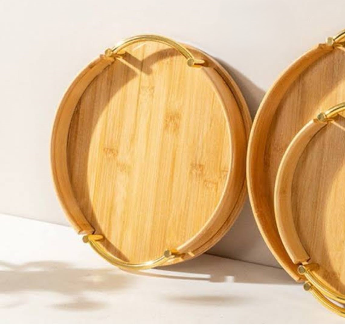 Round stackable bamboo serving tray with steel handles