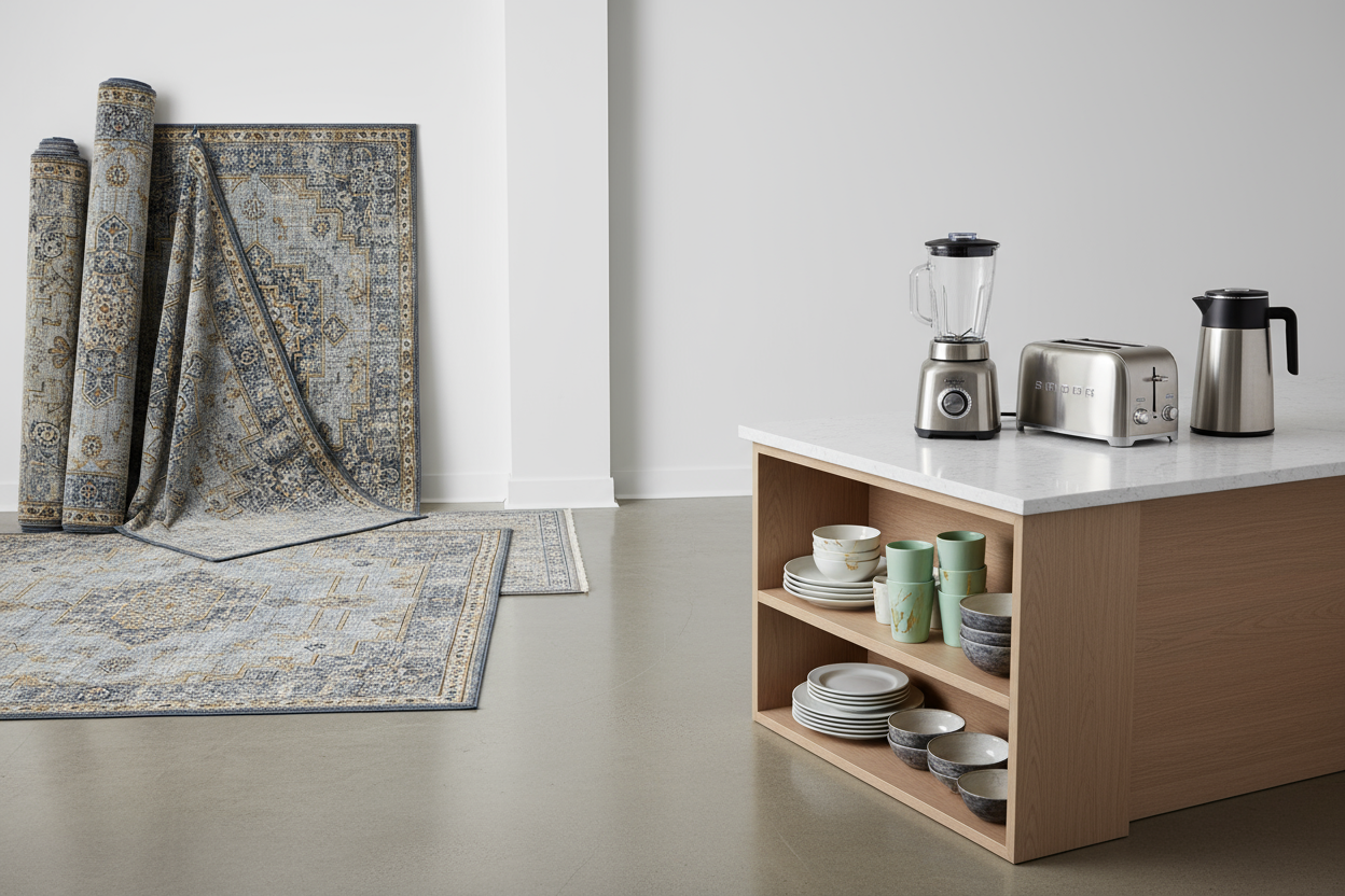 carpets, crocckery and kitchen electronics